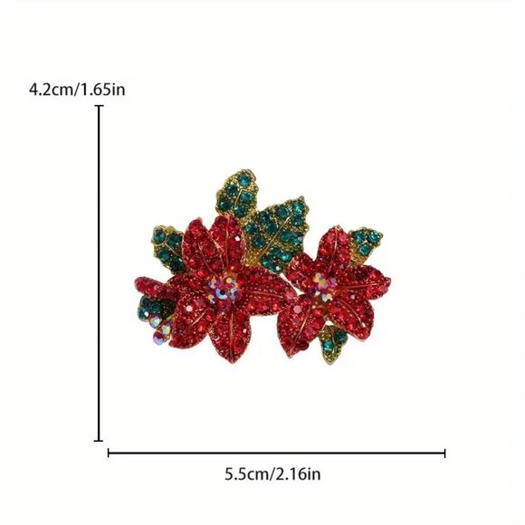 Handcrafted Rhinestone Poinsettias Christmas Brooch Pin ๐๐โฃ๏ธ - Picture 4 of 7